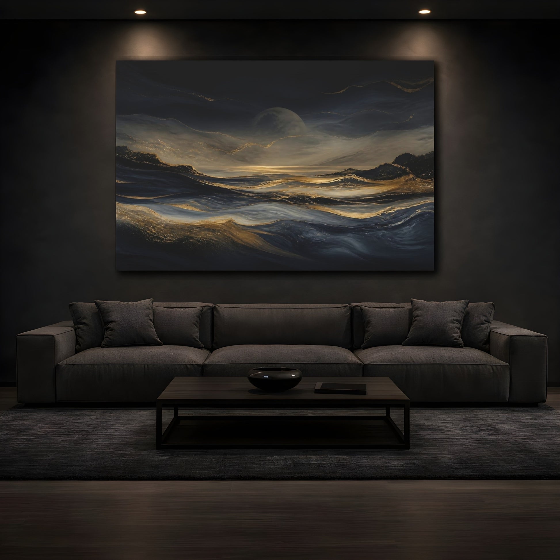 Mockup 3. Moonlit Gold Waves shown as canvas print
