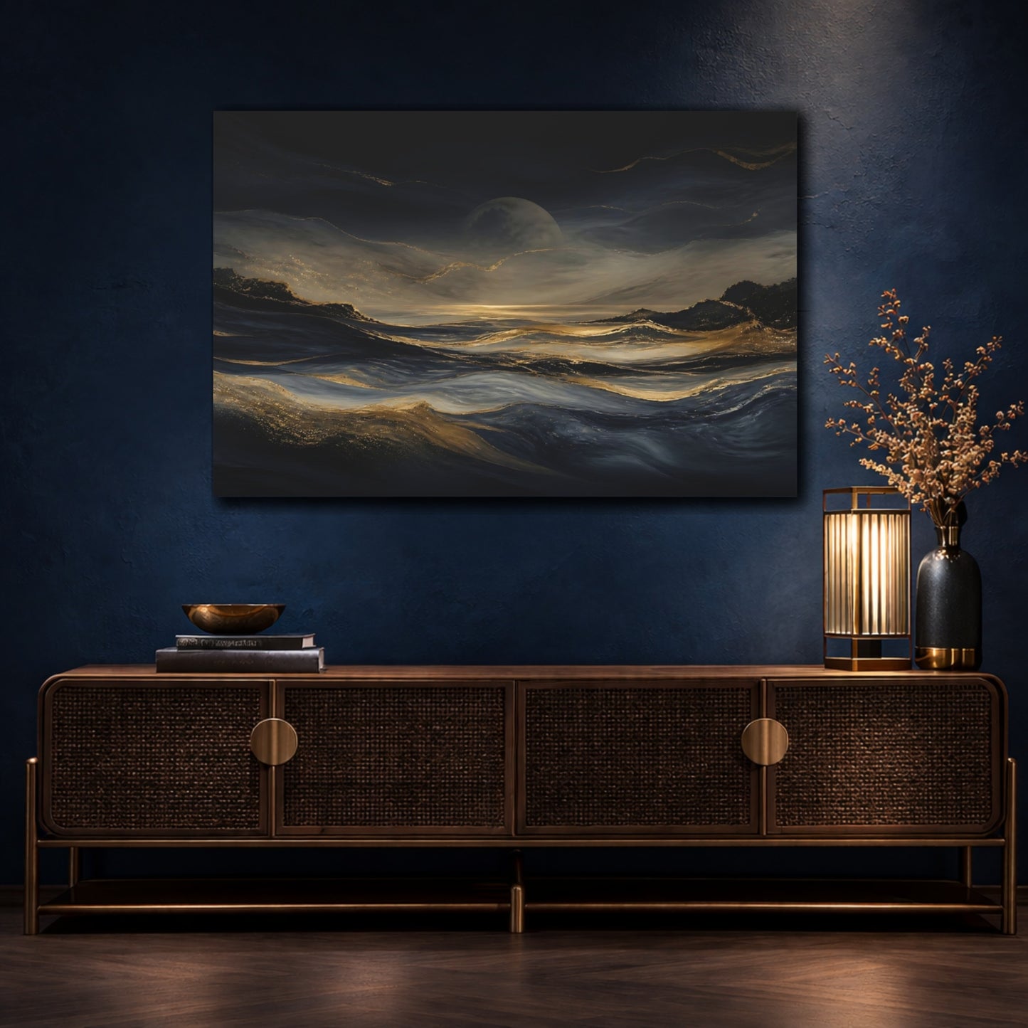 Mockup 4. Moonlit Gold Waves shown as canvas print