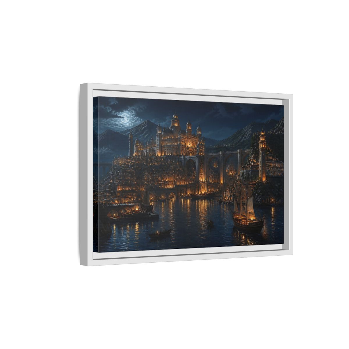 Side Mockup 4. Moonlit Golden Harbor shown as framed canvas print