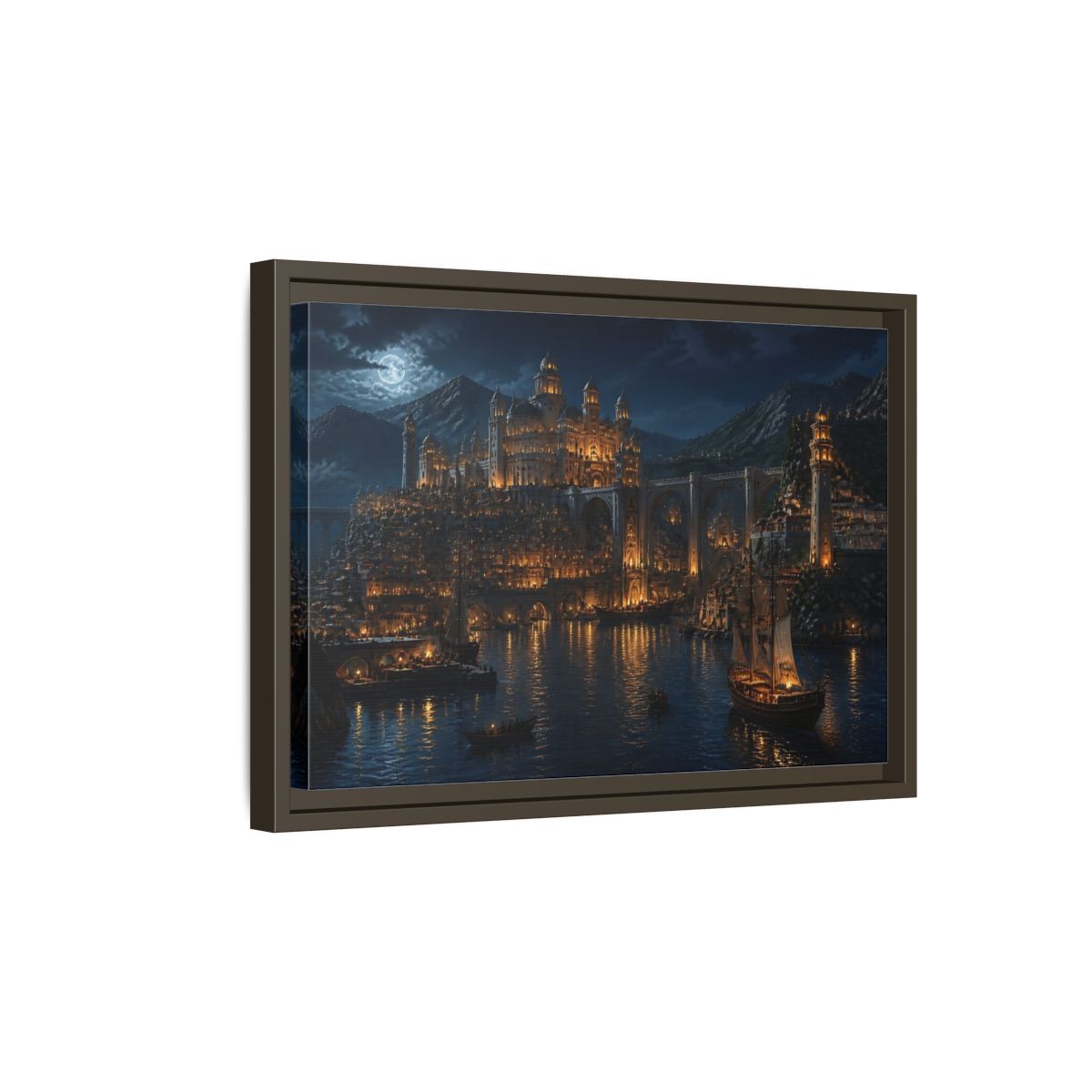 Side Mockup 5. Moonlit Golden Harbor shown as framed canvas print