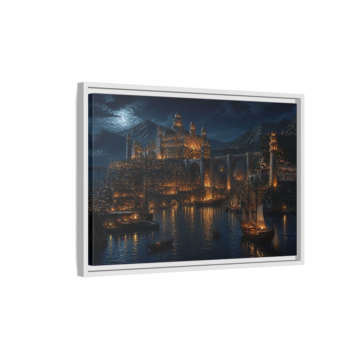 Side Mockup 1. Moonlit Golden Harbor shown as framed canvas print