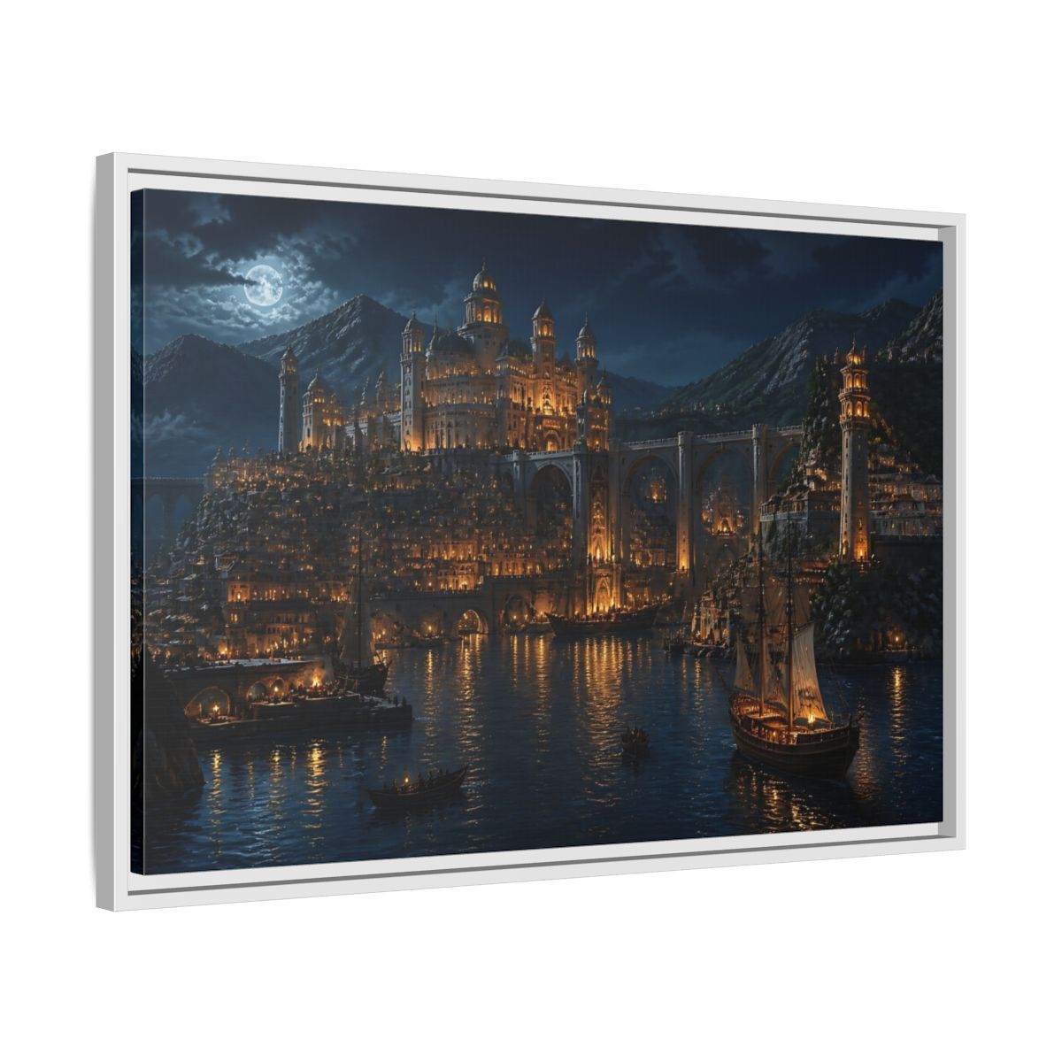 Side Mockup 10. Moonlit Golden Harbor shown as framed canvas print