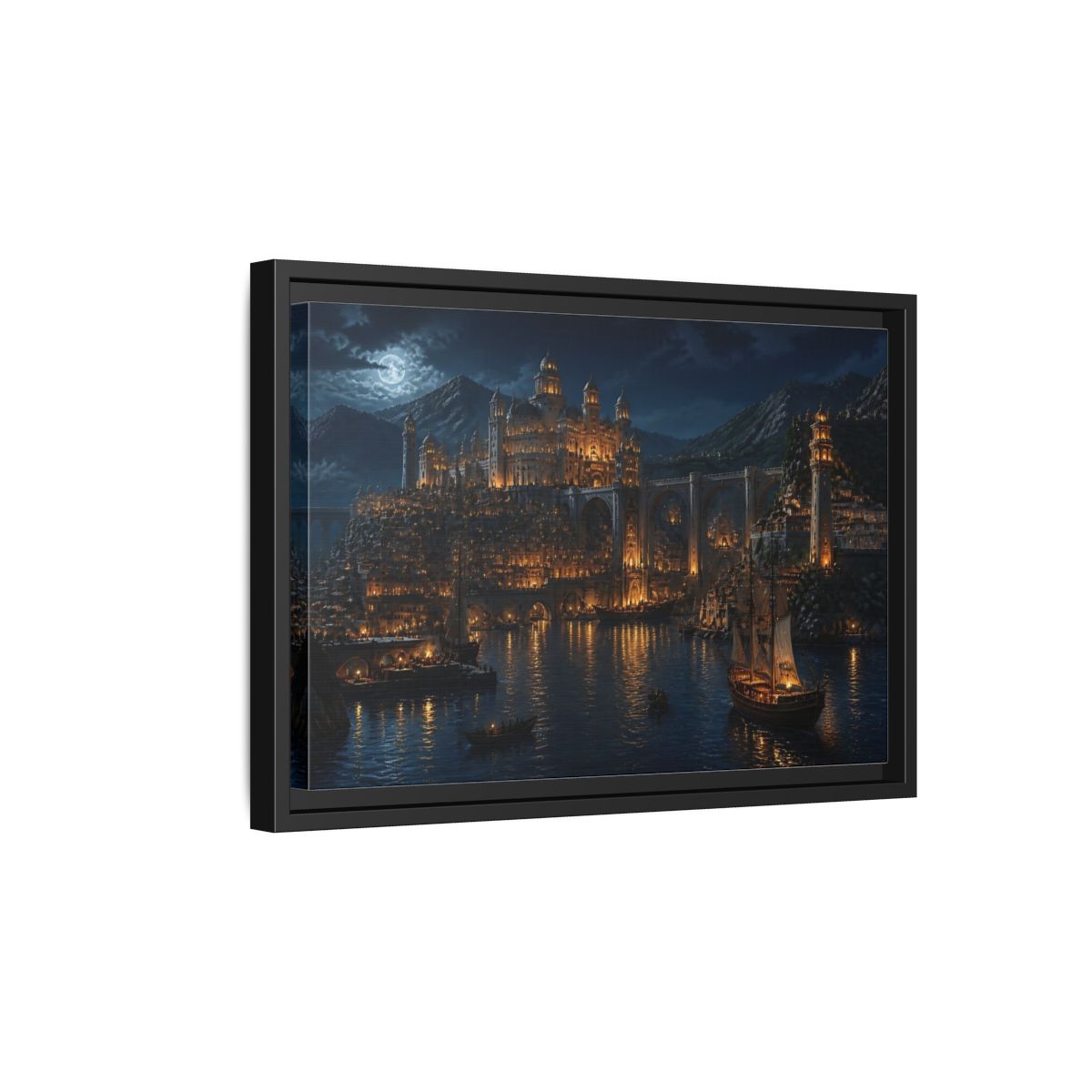 Side Mockup 6. Moonlit Golden Harbor shown as framed canvas print