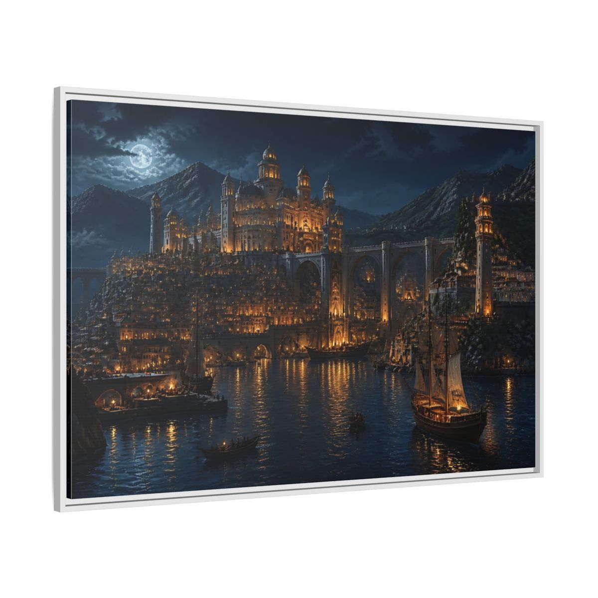 Side Mockup 7. Moonlit Golden Harbor shown as framed canvas print