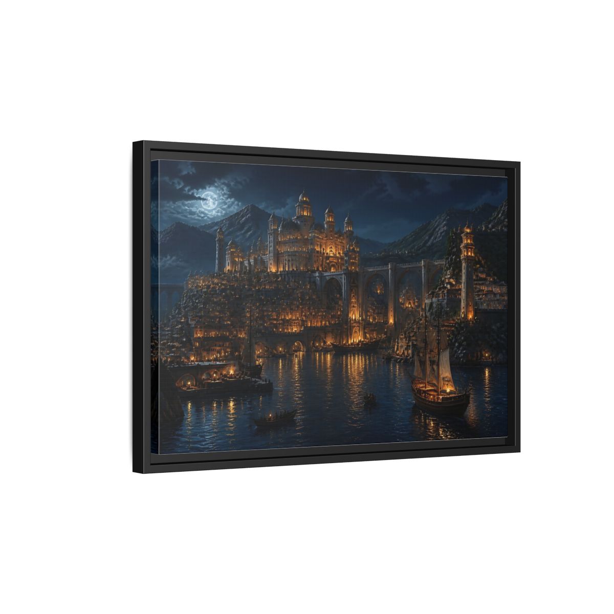 Side Mockup 3. Moonlit Golden Harbor shown as framed canvas print