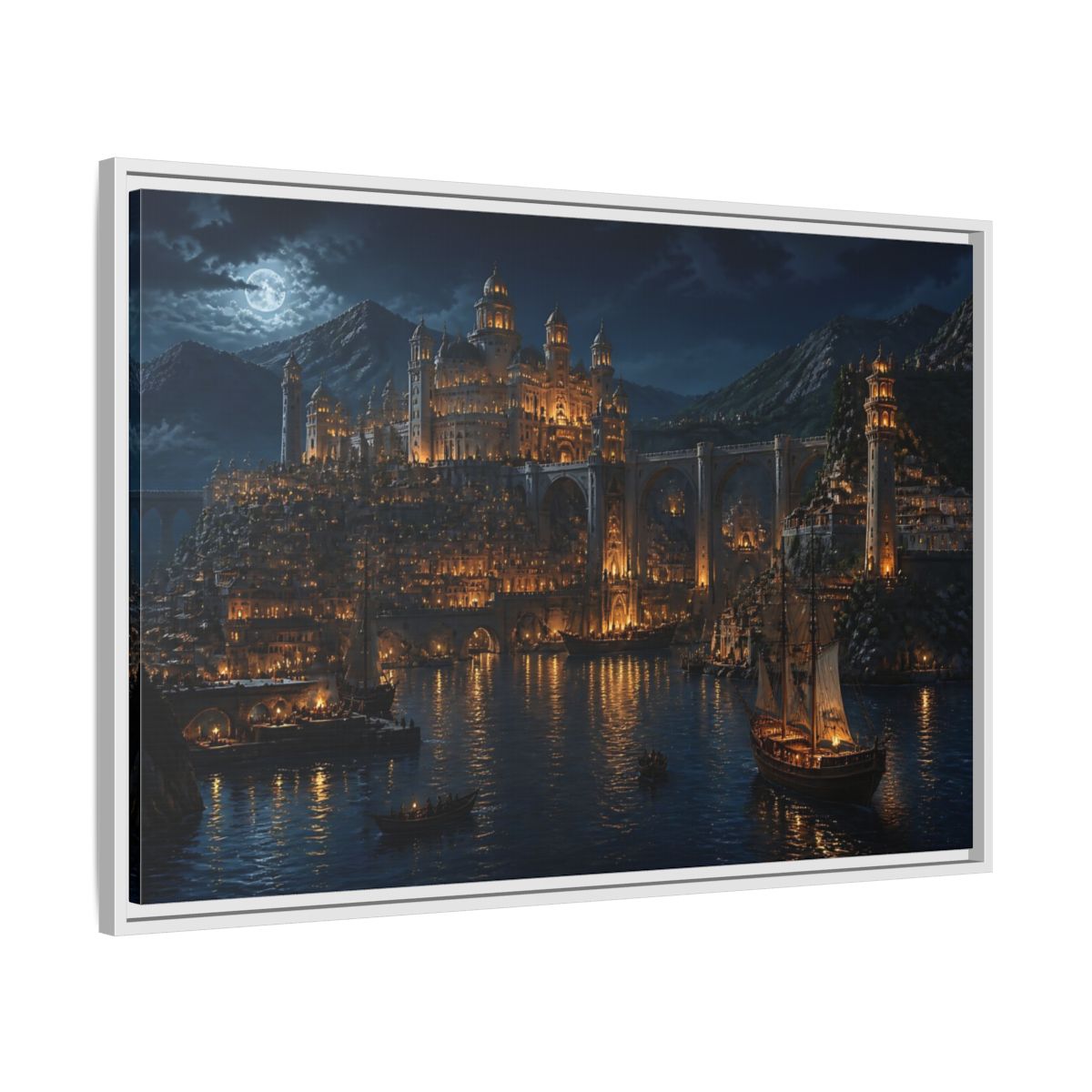 Side Mockup 9. Moonlit Golden Harbor shown as framed canvas print