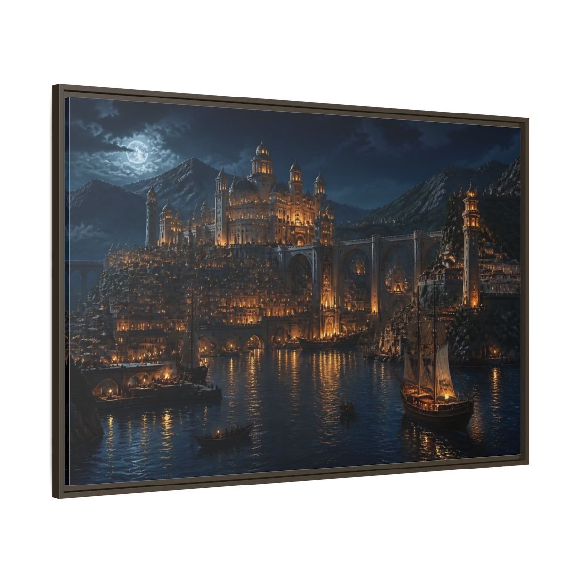 Side Mockup 8. Moonlit Golden Harbor shown as framed canvas print