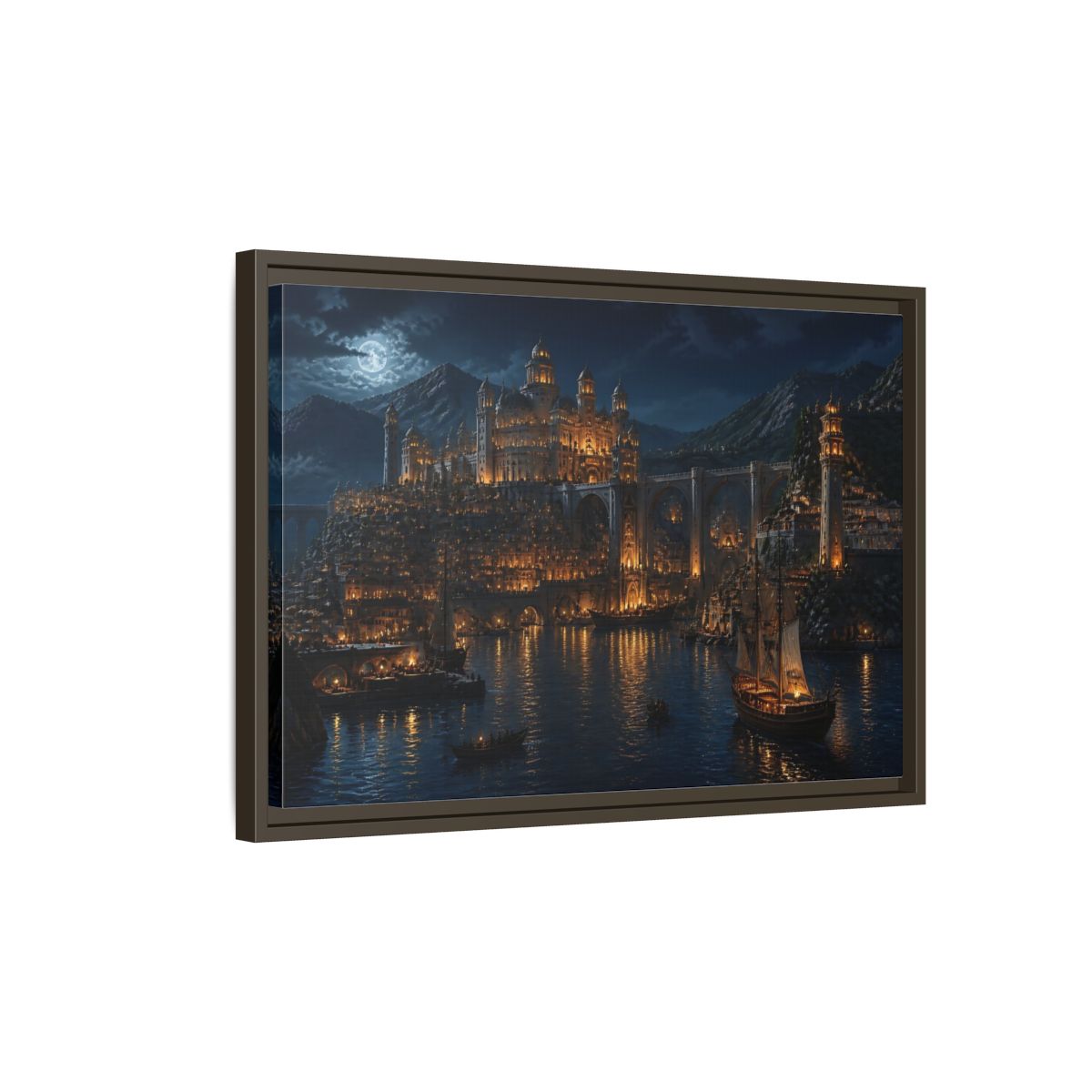 Side Mockup 2. Moonlit Golden Harbor shown as framed canvas print