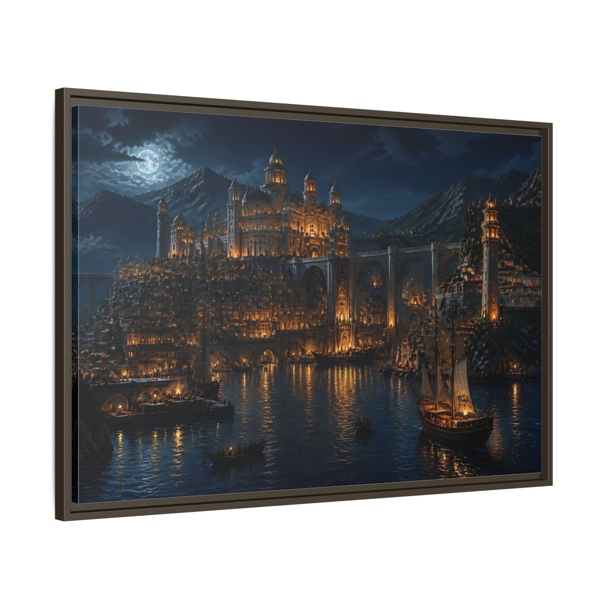 Main Mockup. Moonlit Golden Harbor shown as framed canvas print