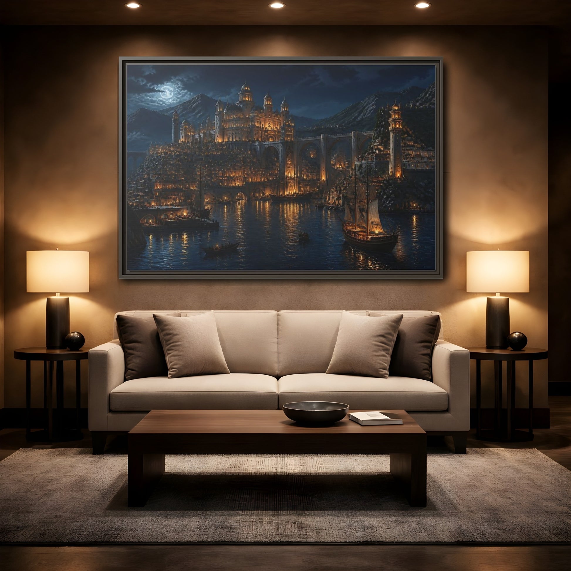 Mockup 2. Moonlit Golden Harbor shown as framed canvas print
