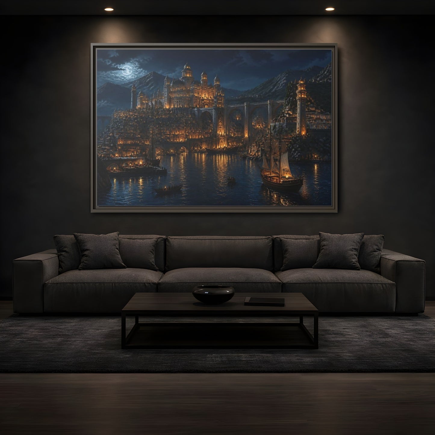 Mockup 3. Moonlit Golden Harbor shown as framed canvas print