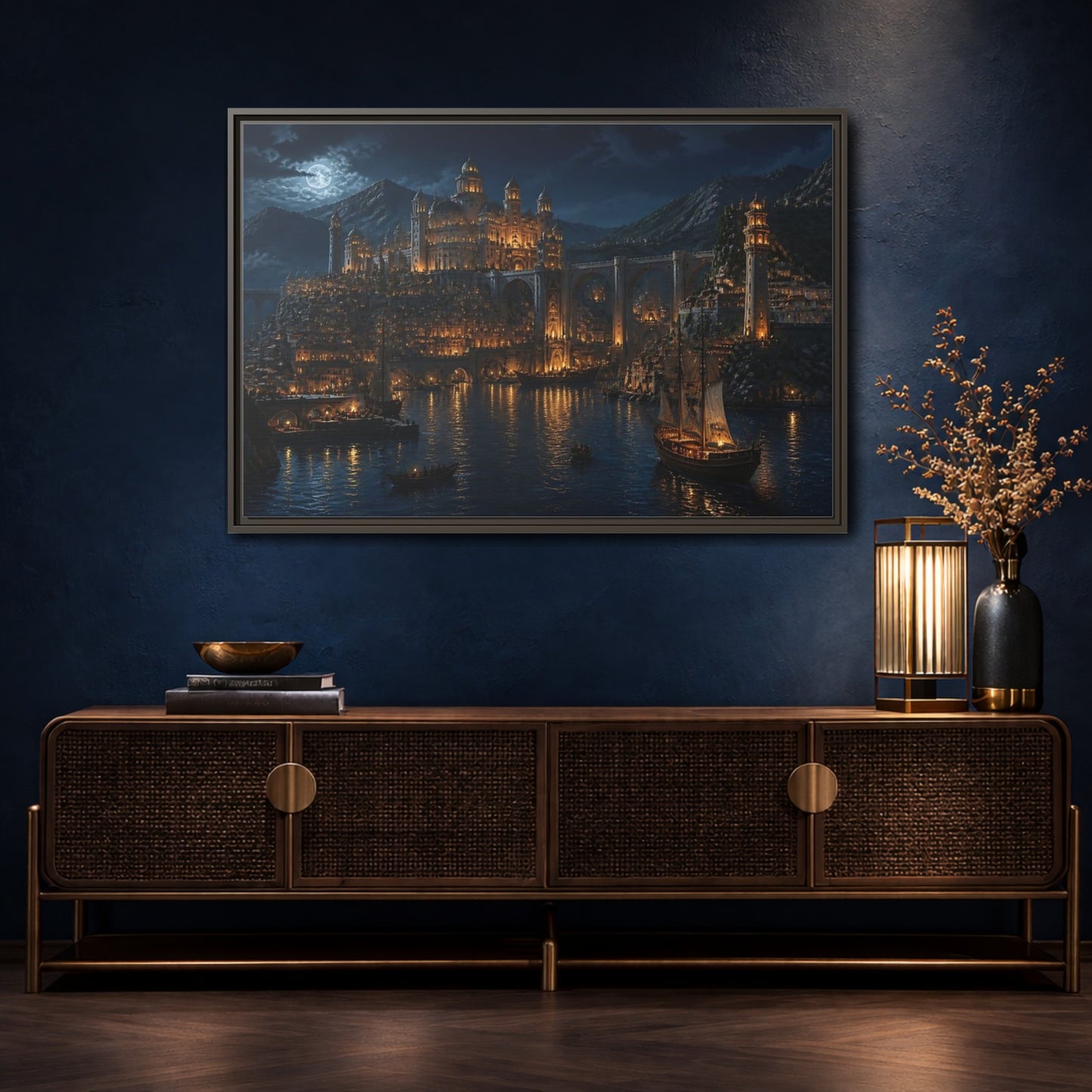 Mockup 4. Moonlit Golden Harbor shown as framed canvas print