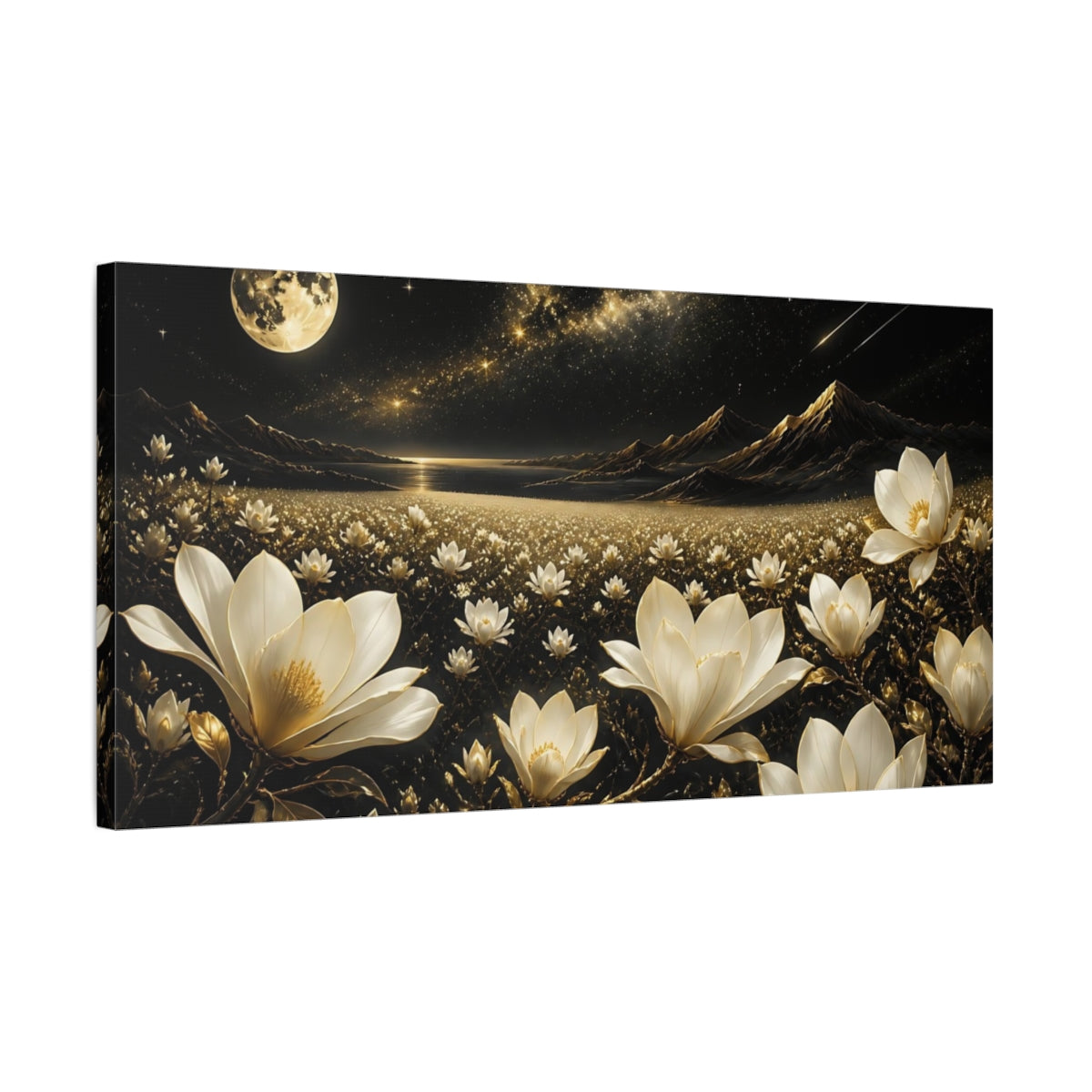 Side Mockup 1. Moonlit Golden Magnolias shown as canvas print