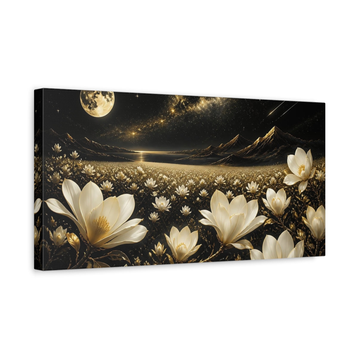 Side Mockup 3. Moonlit Golden Magnolias shown as canvas print