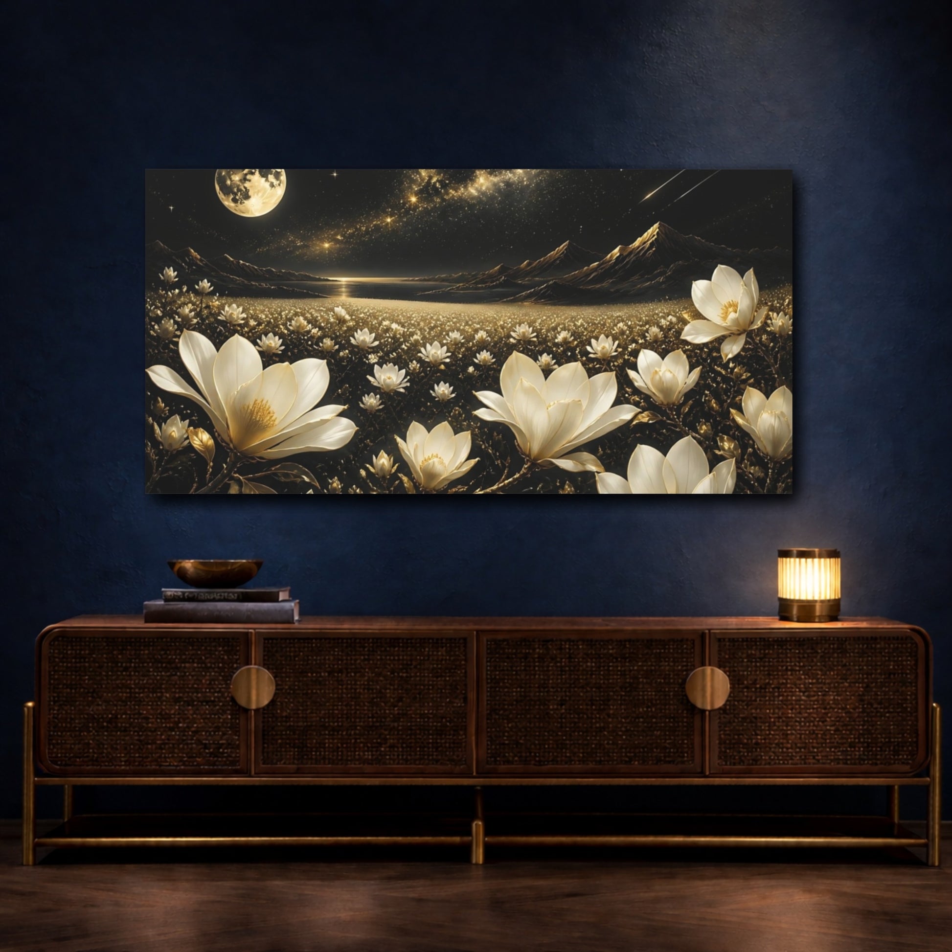 Mockup 4. Moonlit Golden Magnolias shown as canvas print