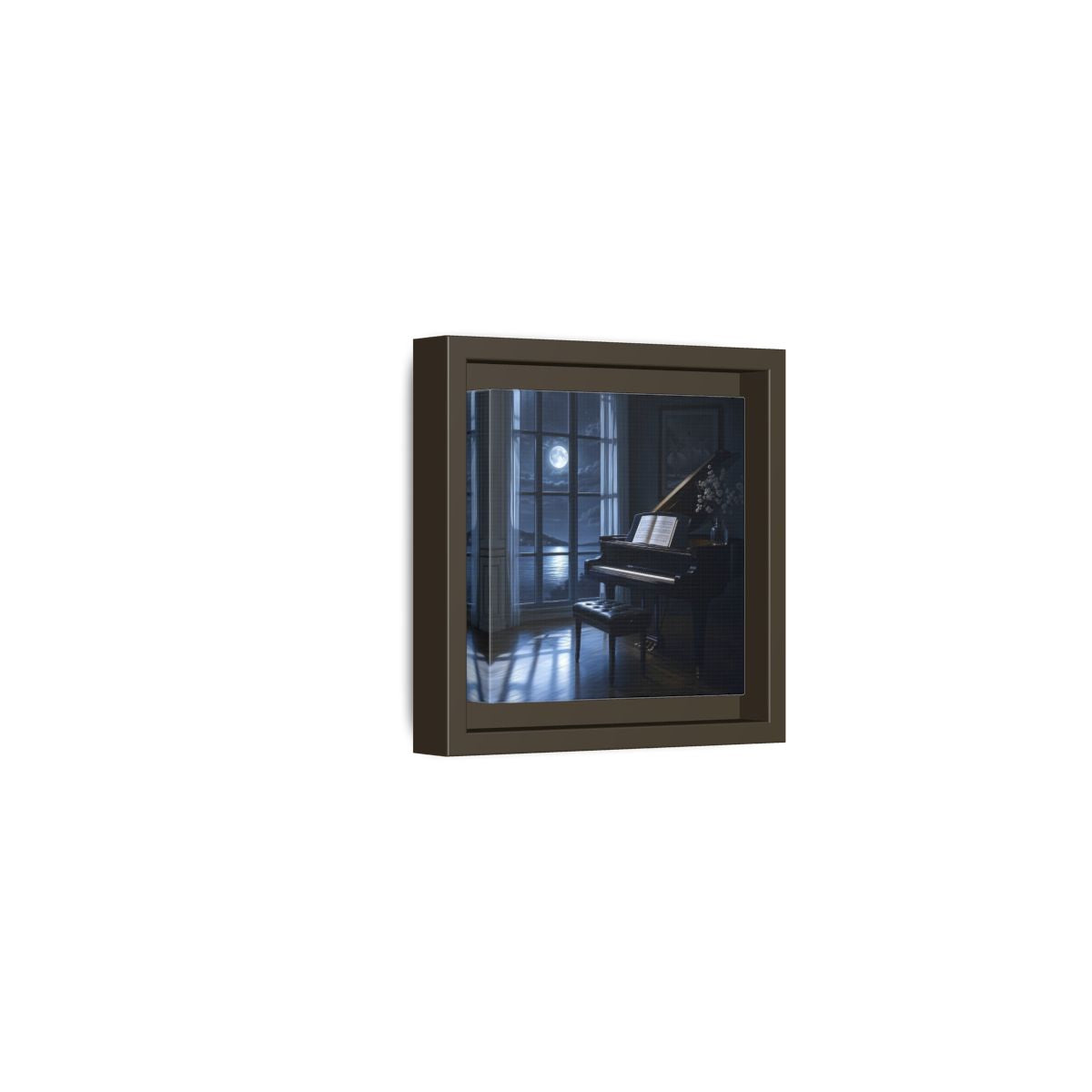 Side Mockup 23. Moonlit Grand Piano By Lake shown as framed canvas print