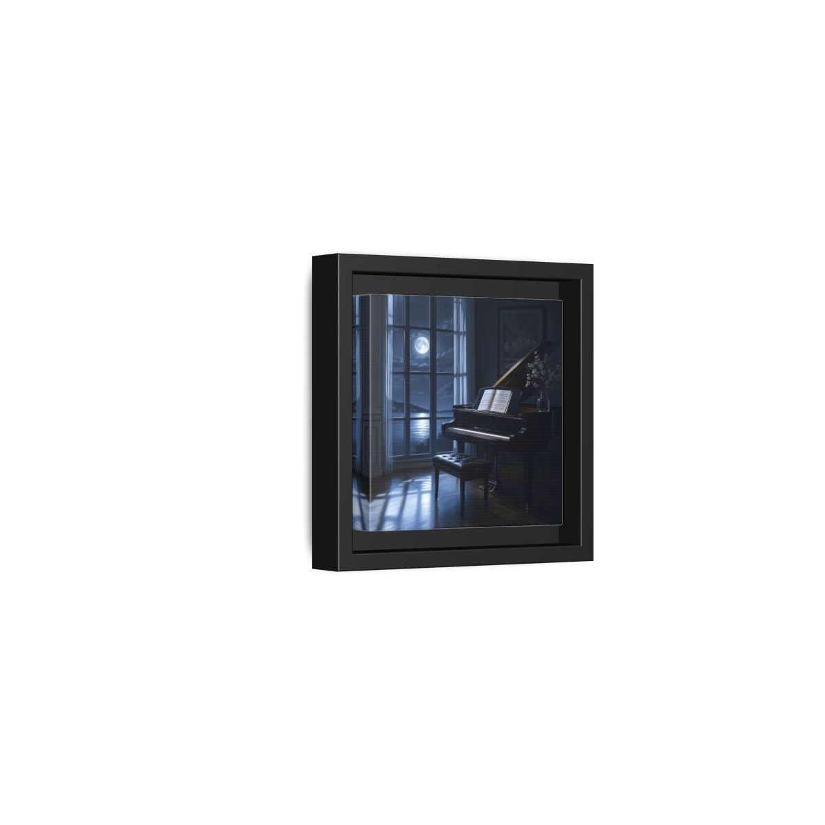 Side Mockup 24. Moonlit Grand Piano By Lake shown as framed canvas print