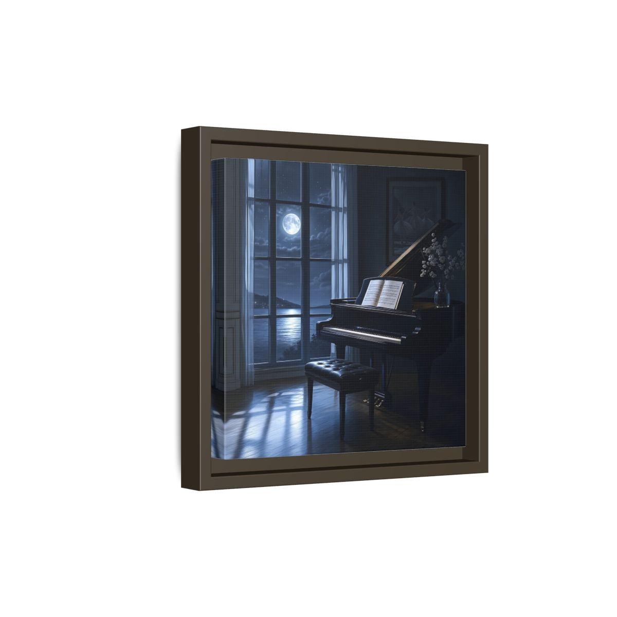 Side Mockup 20. Moonlit Grand Piano By Lake shown as framed canvas print