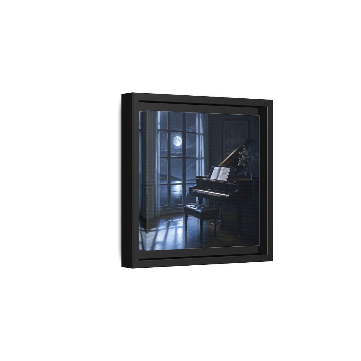 Side Mockup 3. Moonlit Grand Piano By Lake shown as framed canvas print