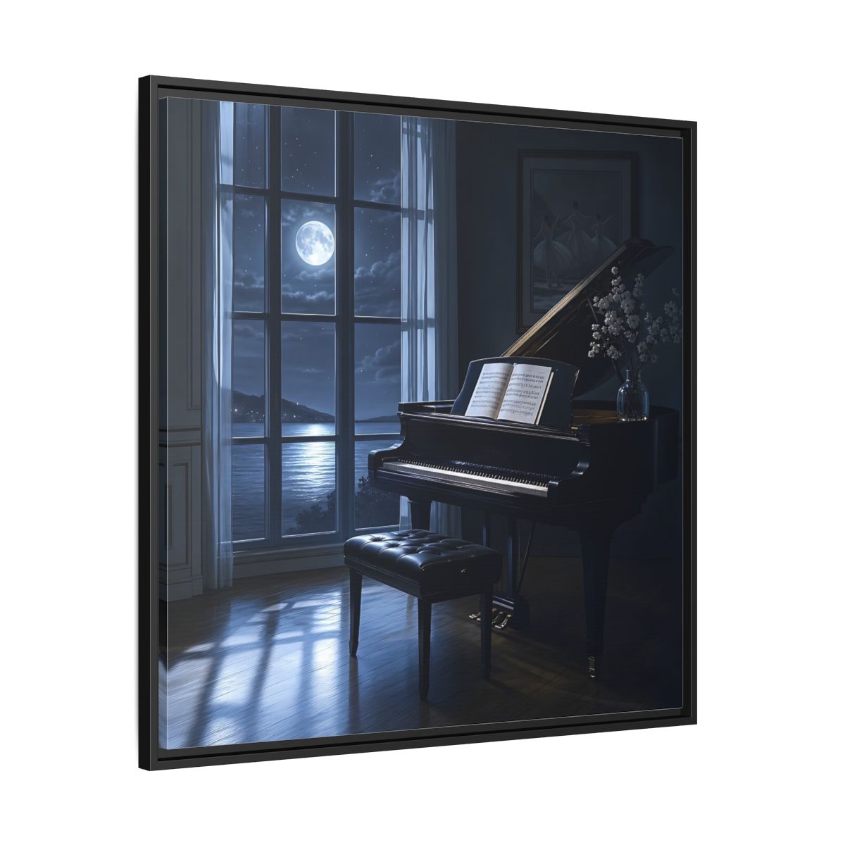Side Mockup 30. Moonlit Grand Piano By Lake shown as framed canvas print
