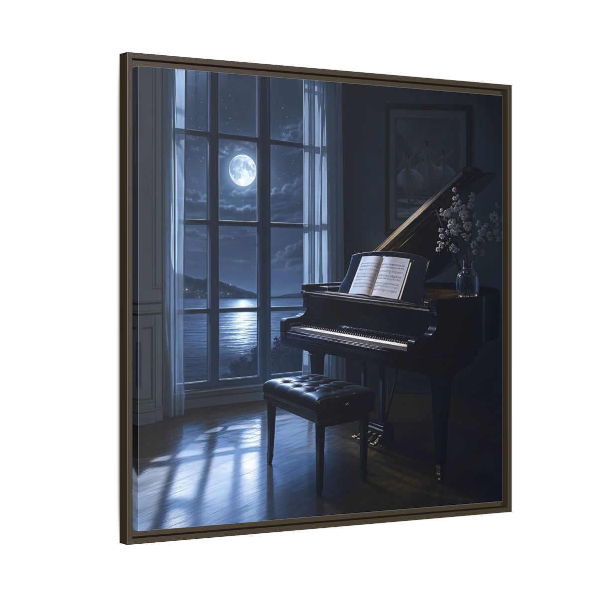 Side Mockup 5. Moonlit Grand Piano By Lake shown as framed canvas print