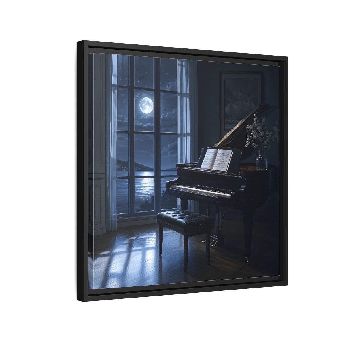 Side Mockup 12. Moonlit Grand Piano By Lake shown as framed canvas print