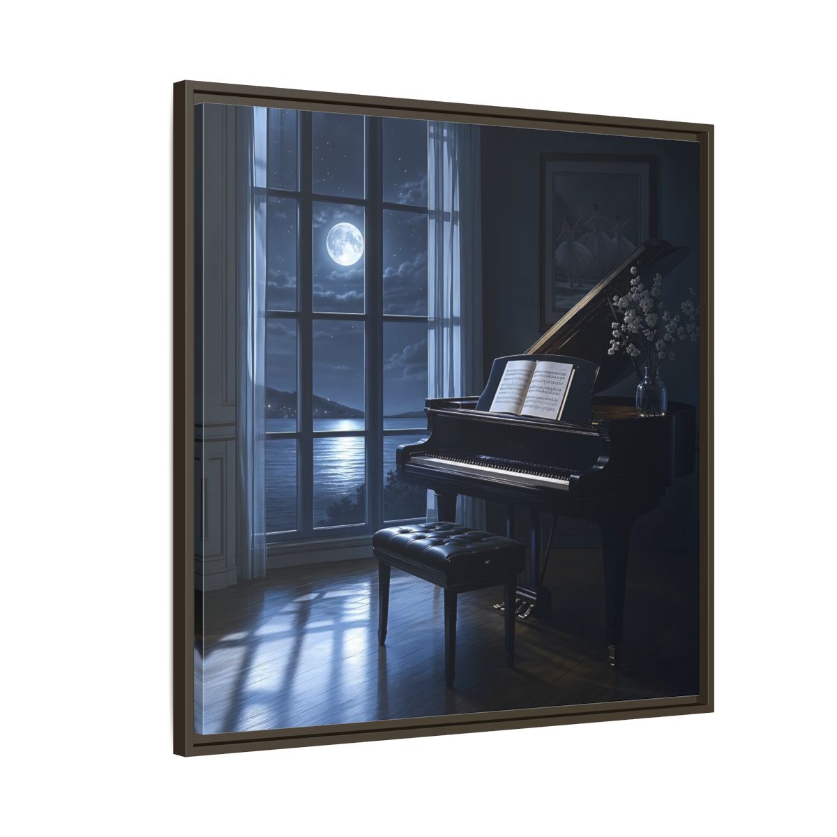 Side Mockup 8. Moonlit Grand Piano By Lake shown as framed canvas print