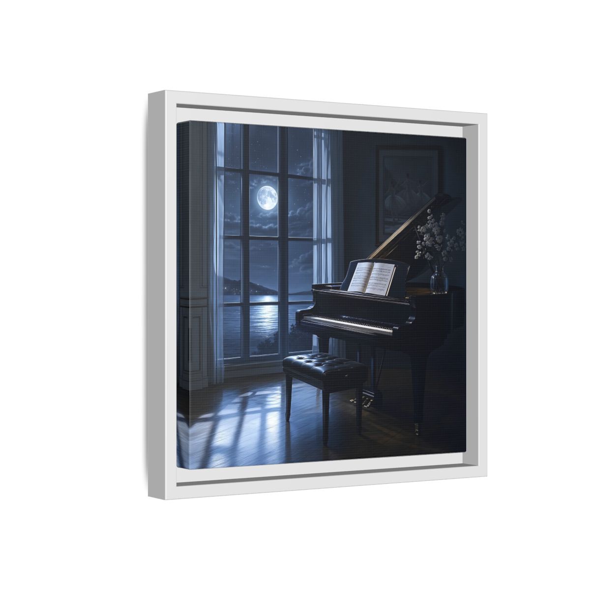 Side Mockup 16. Moonlit Grand Piano By Lake shown as framed canvas print