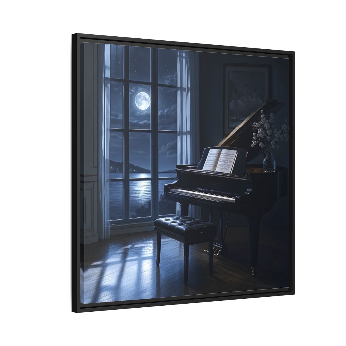 Side Mockup 9. Moonlit Grand Piano By Lake shown as framed canvas print