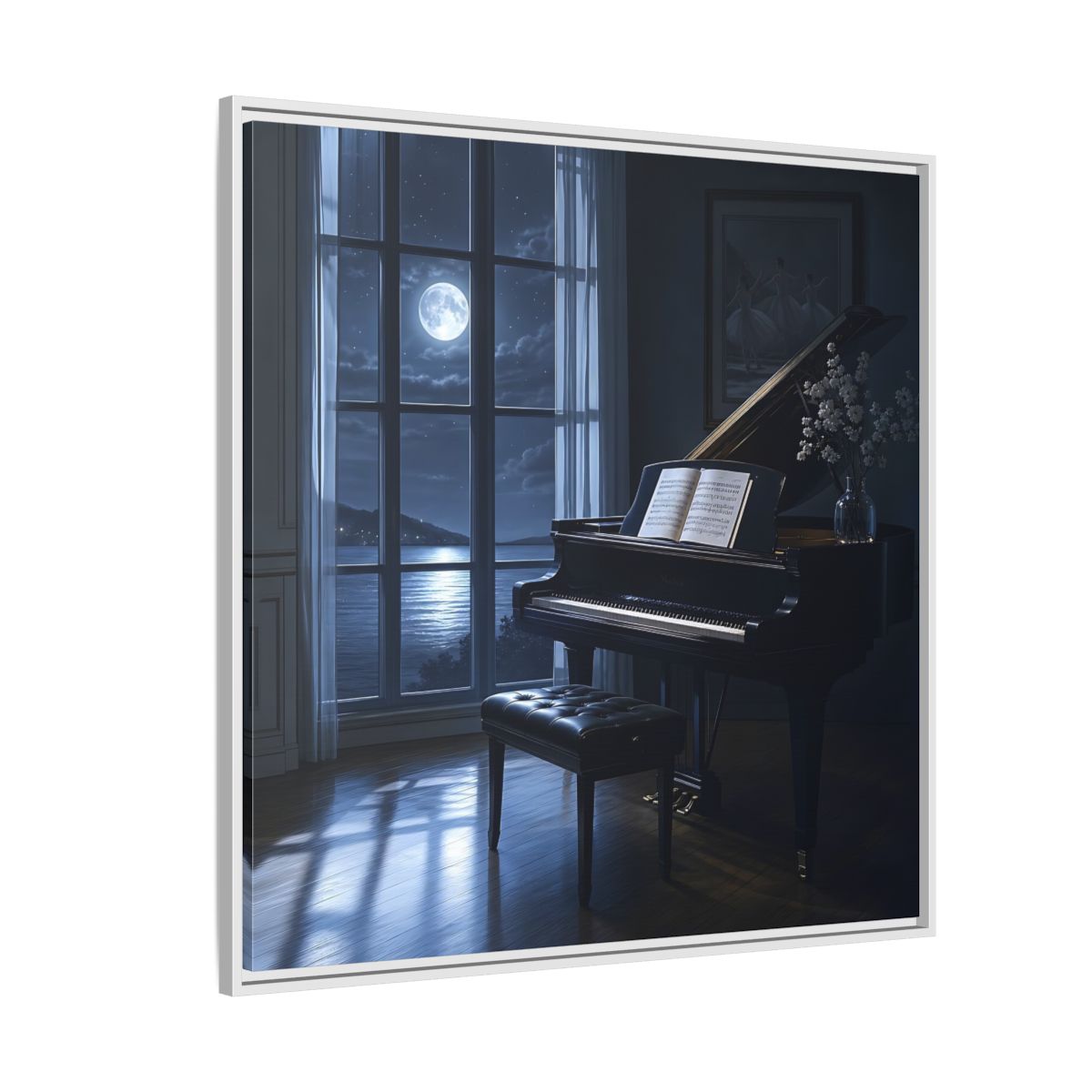 Side Mockup 4. Moonlit Grand Piano By Lake shown as framed canvas print