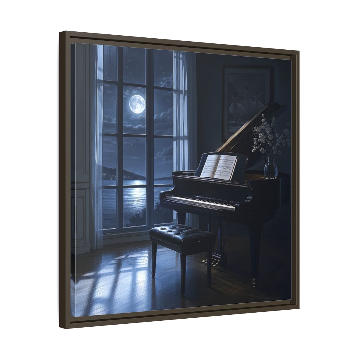 Side Mockup 27. Moonlit Grand Piano By Lake shown as framed canvas print