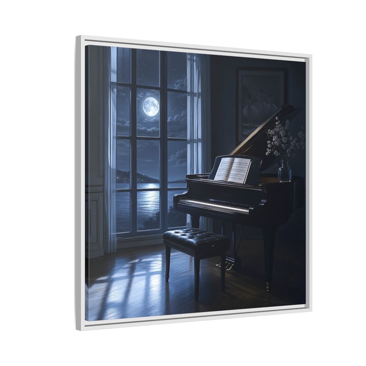 Side Mockup 7. Moonlit Grand Piano By Lake shown as framed canvas print