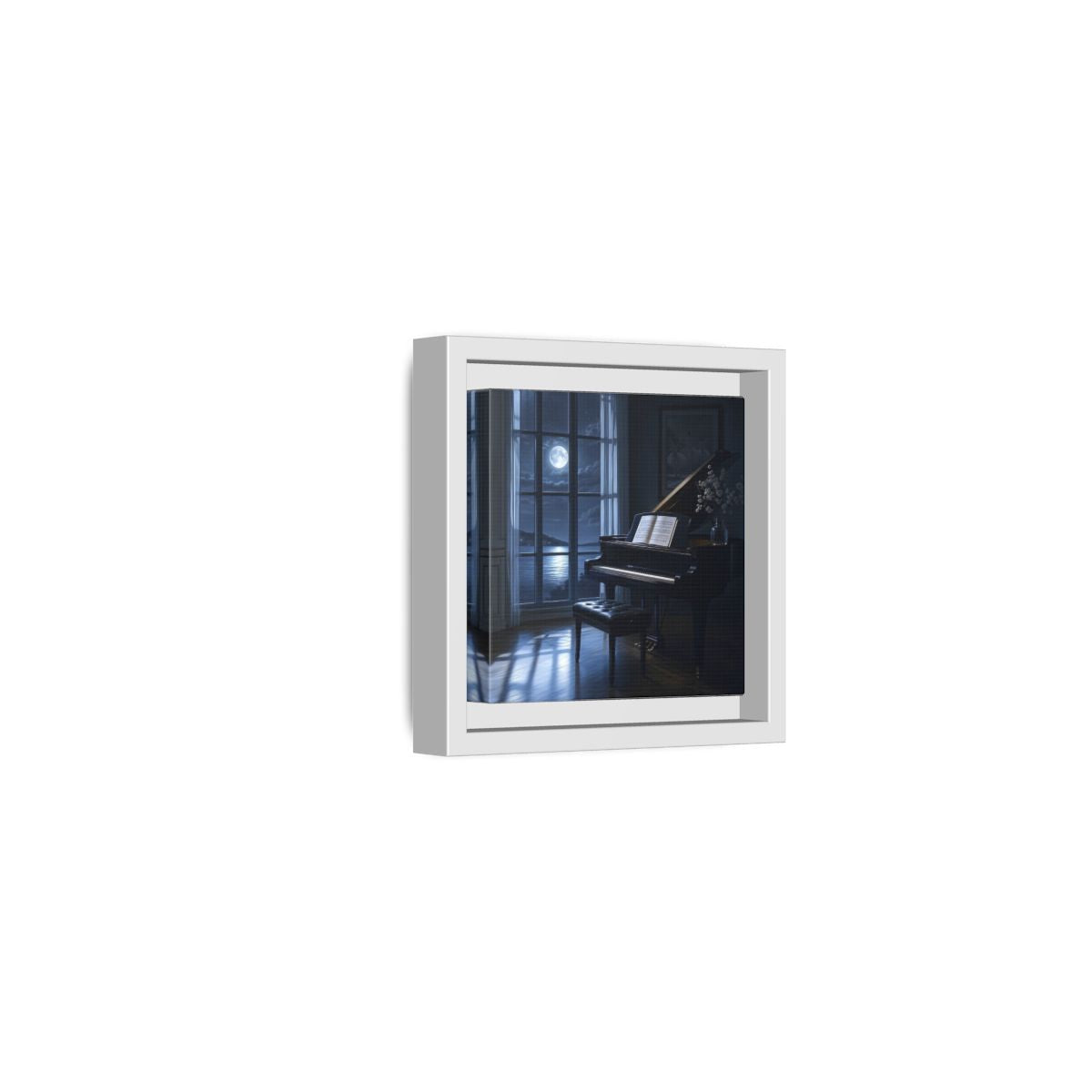 Side Mockup 22. Moonlit Grand Piano By Lake shown as framed canvas print