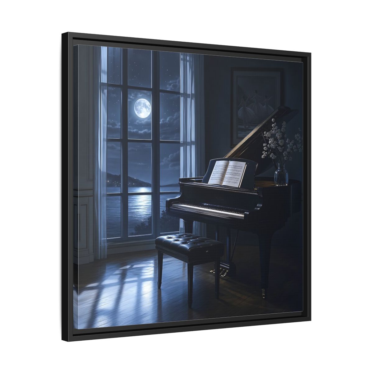 Side Mockup 31. Moonlit Grand Piano By Lake shown as framed canvas print