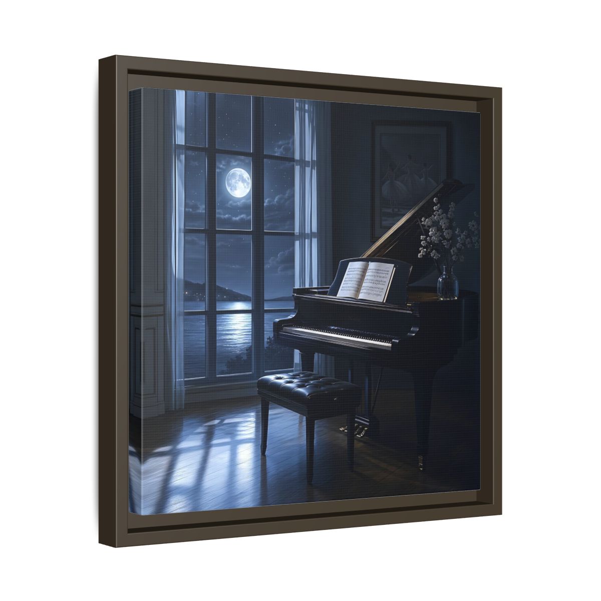 Side Mockup 29. Moonlit Grand Piano By Lake shown as framed canvas print