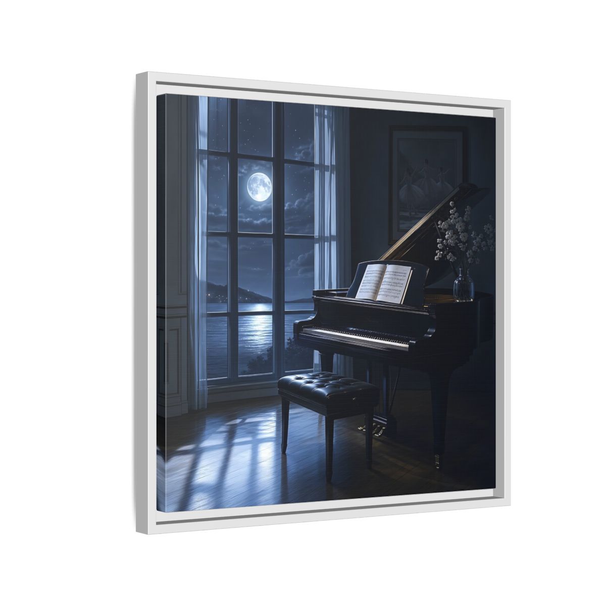 Side Mockup 10. Moonlit Grand Piano By Lake shown as framed canvas print