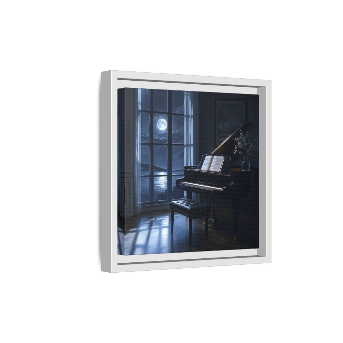 Side Mockup 19. Moonlit Grand Piano By Lake shown as framed canvas print