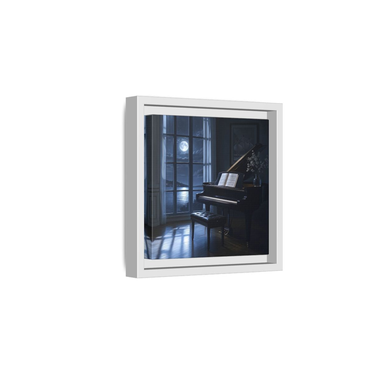 Side Mockup 1. Moonlit Grand Piano By Lake shown as framed canvas print