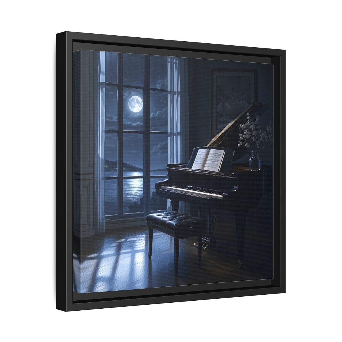 Side Mockup 32. Moonlit Grand Piano By Lake shown as framed canvas print