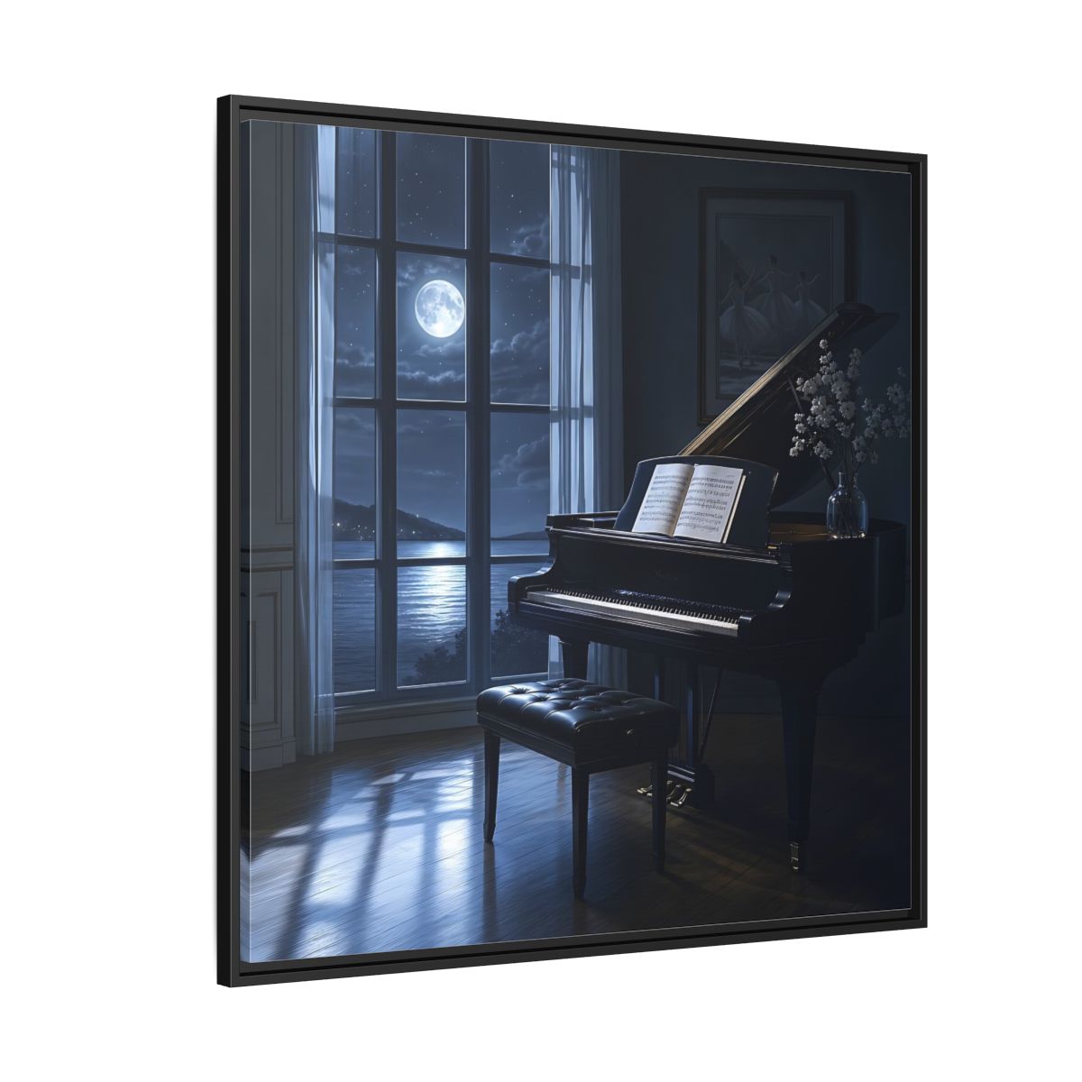 Side Mockup 6. Moonlit Grand Piano By Lake shown as framed canvas print