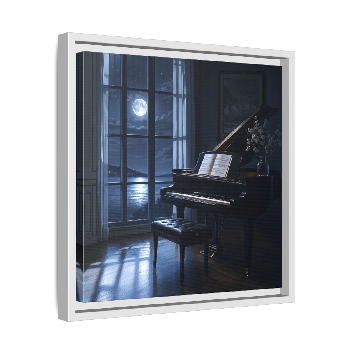 Side Mockup 28. Moonlit Grand Piano By Lake shown as framed canvas print