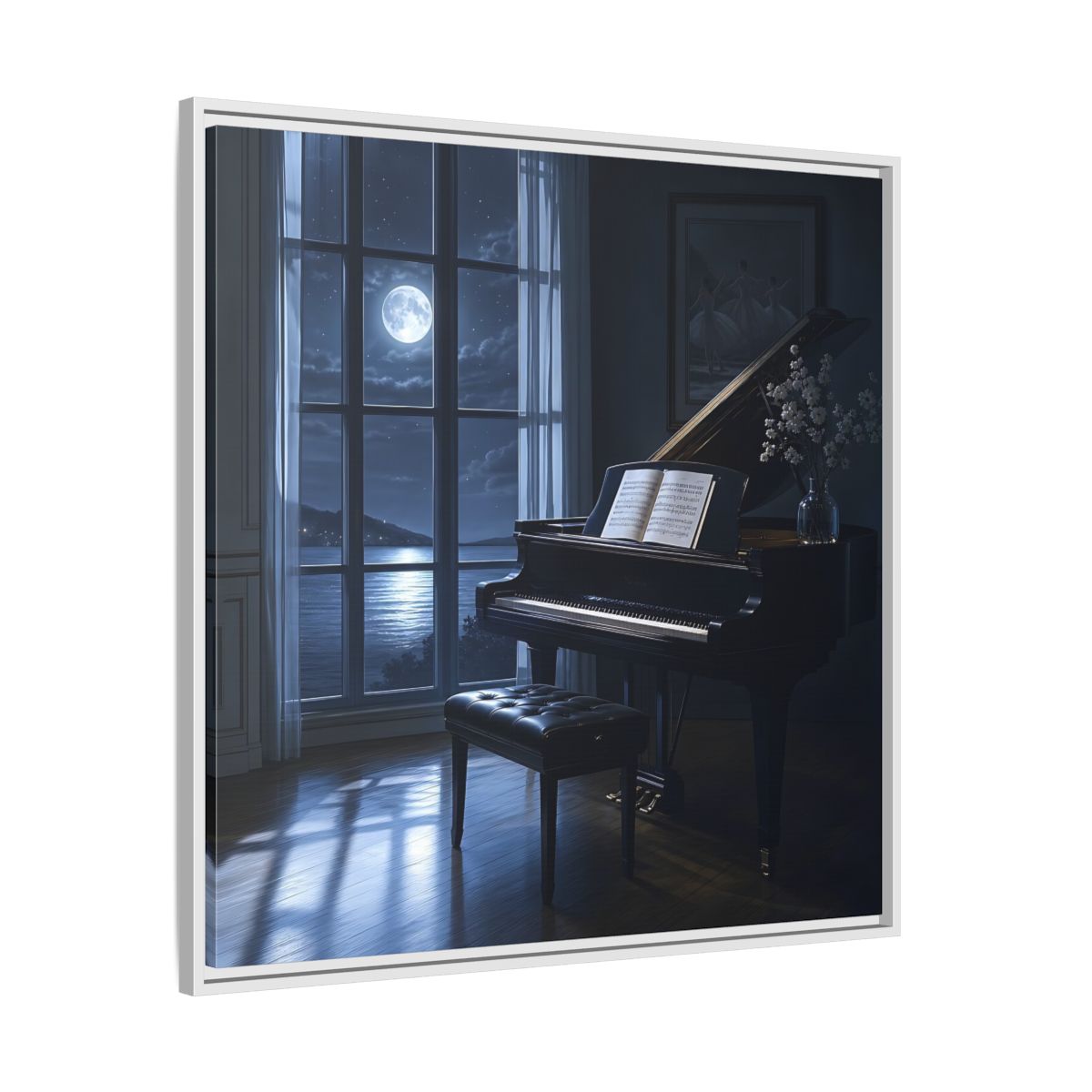 Side Mockup 25. Moonlit Grand Piano By Lake shown as framed canvas print