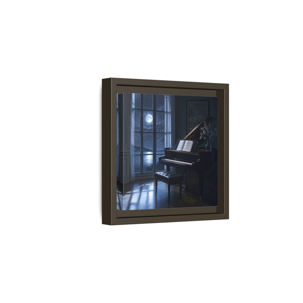 Side Mockup 2. Moonlit Grand Piano By Lake shown as framed canvas print
