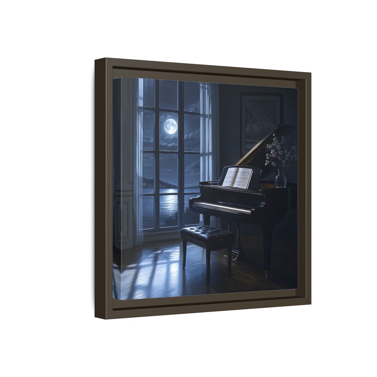 Side Mockup 17. Moonlit Grand Piano By Lake shown as framed canvas print