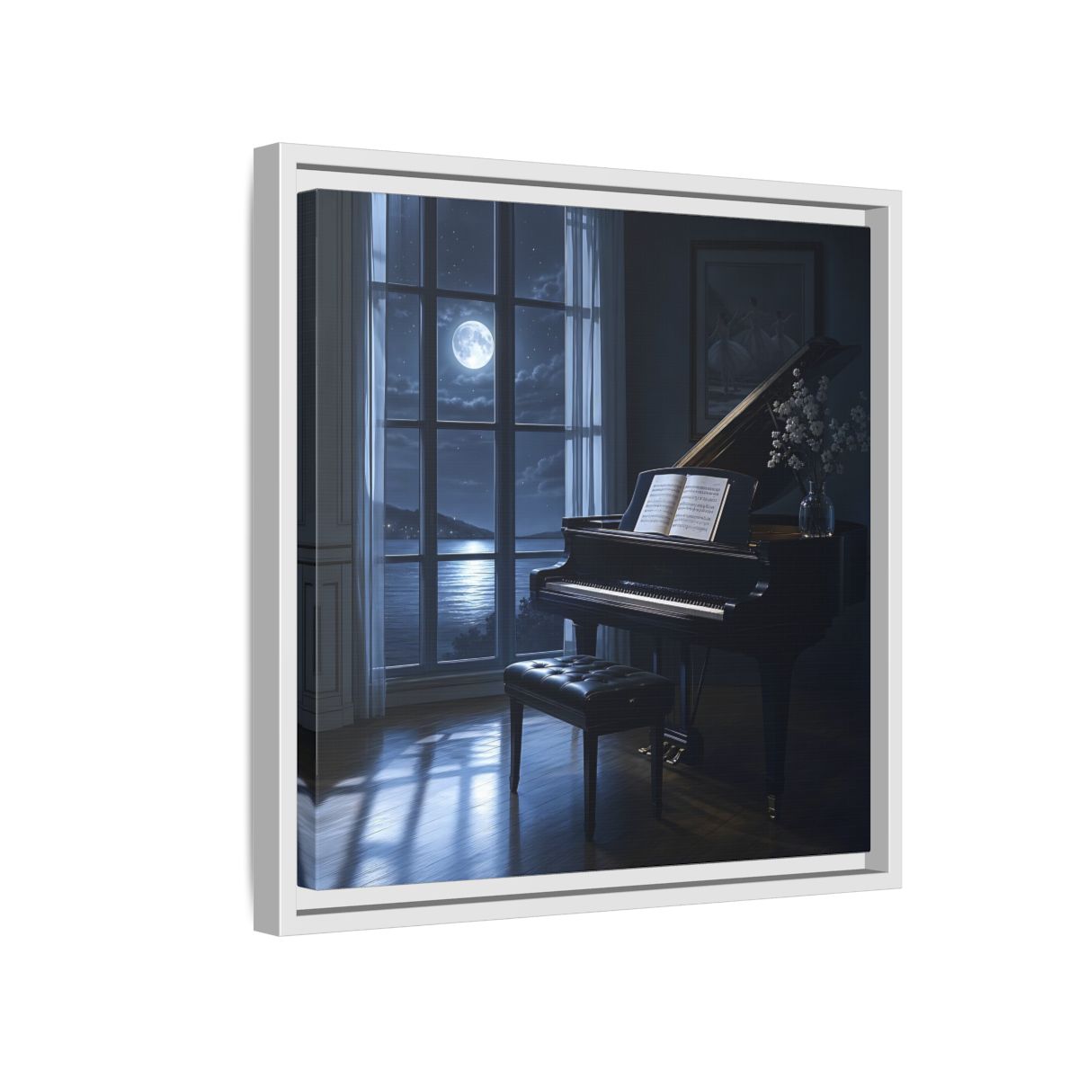 Side Mockup 13. Moonlit Grand Piano By Lake shown as framed canvas print