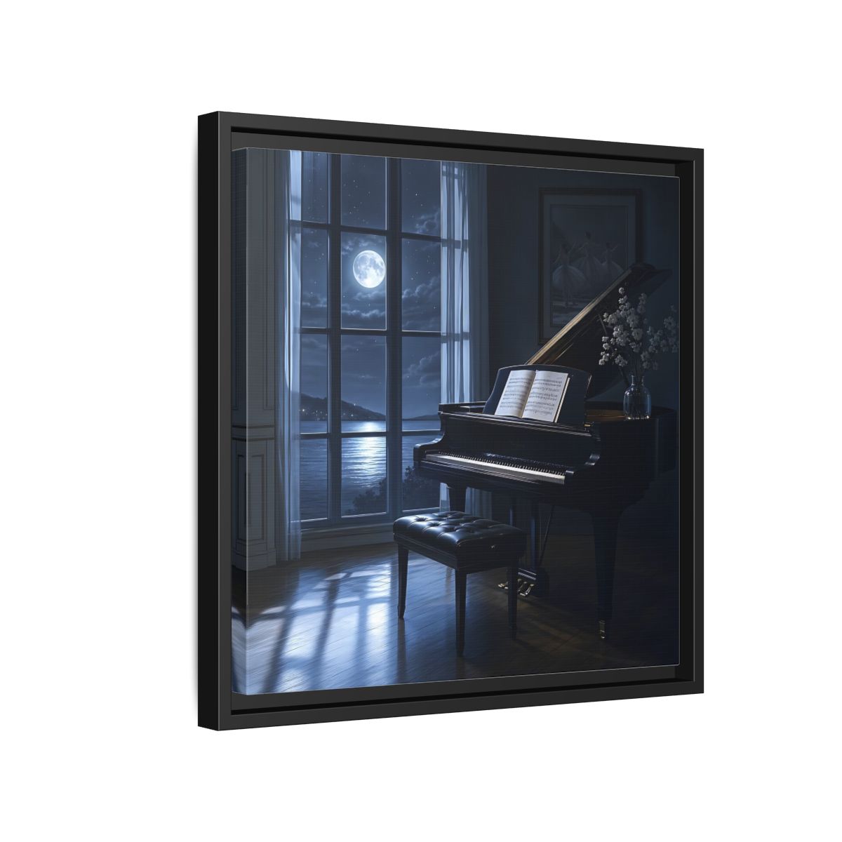 Side Mockup 15. Moonlit Grand Piano By Lake shown as framed canvas print