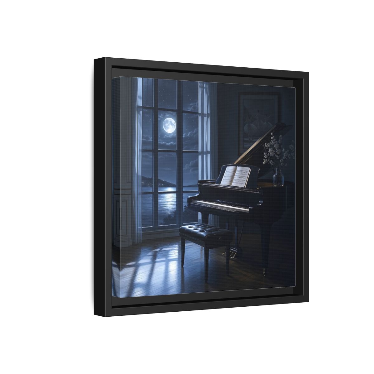 Side Mockup 18. Moonlit Grand Piano By Lake shown as framed canvas print
