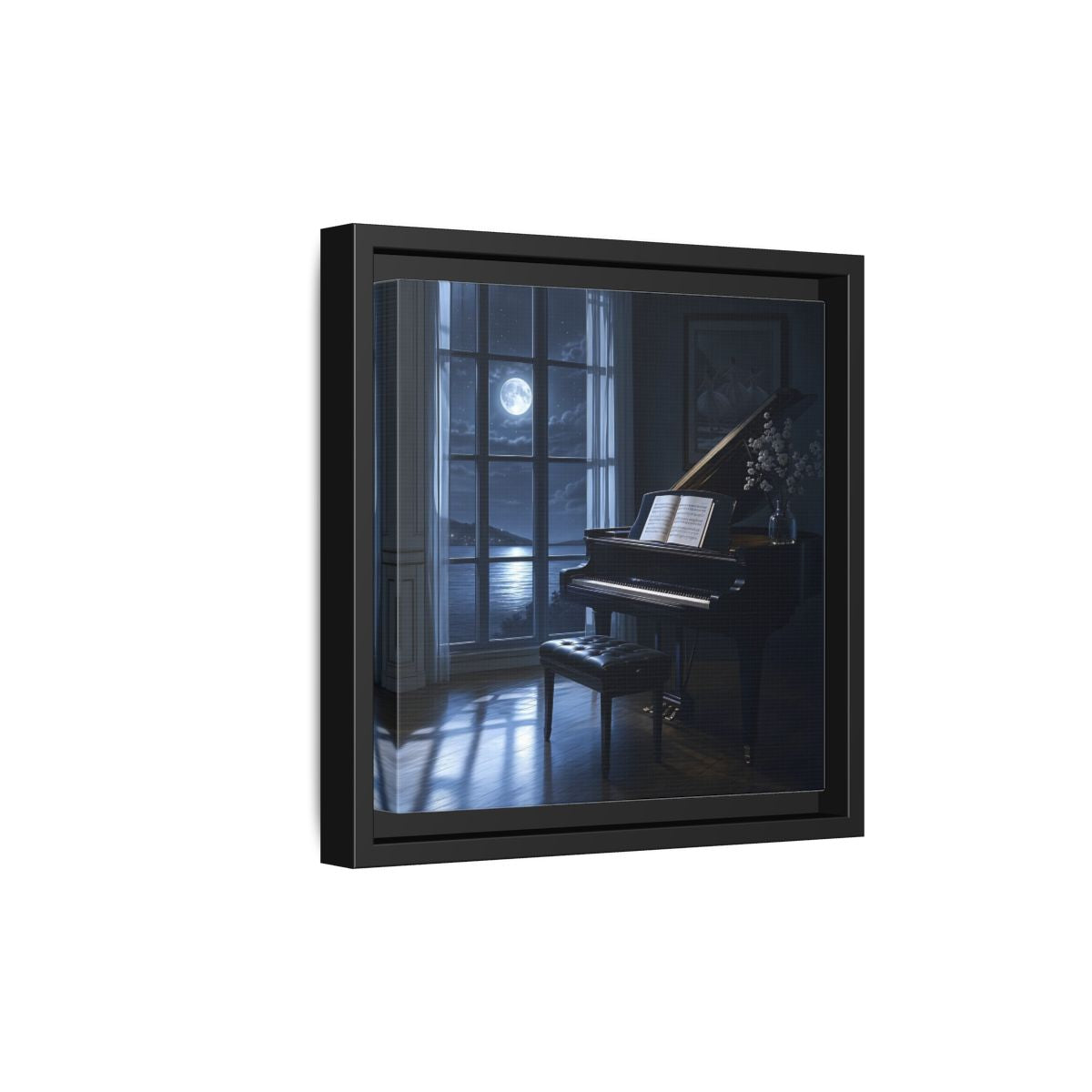 Side Mockup 21. Moonlit Grand Piano By Lake shown as framed canvas print