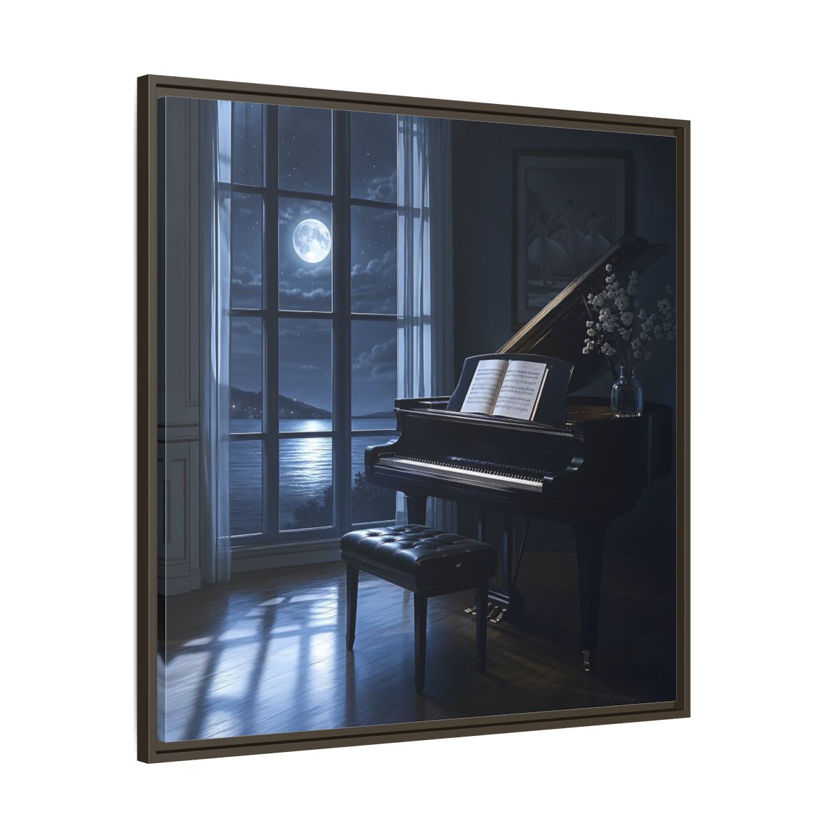 Main Mockup. Moonlit Grand Piano By Lake shown as framed canvas print