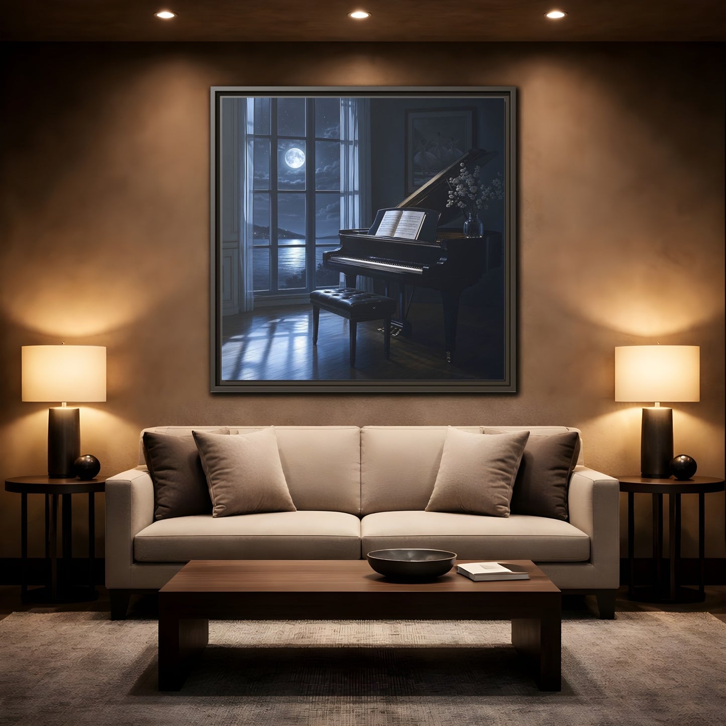 Mockup 2. Moonlit Grand Piano By Lake shown as framed canvas print